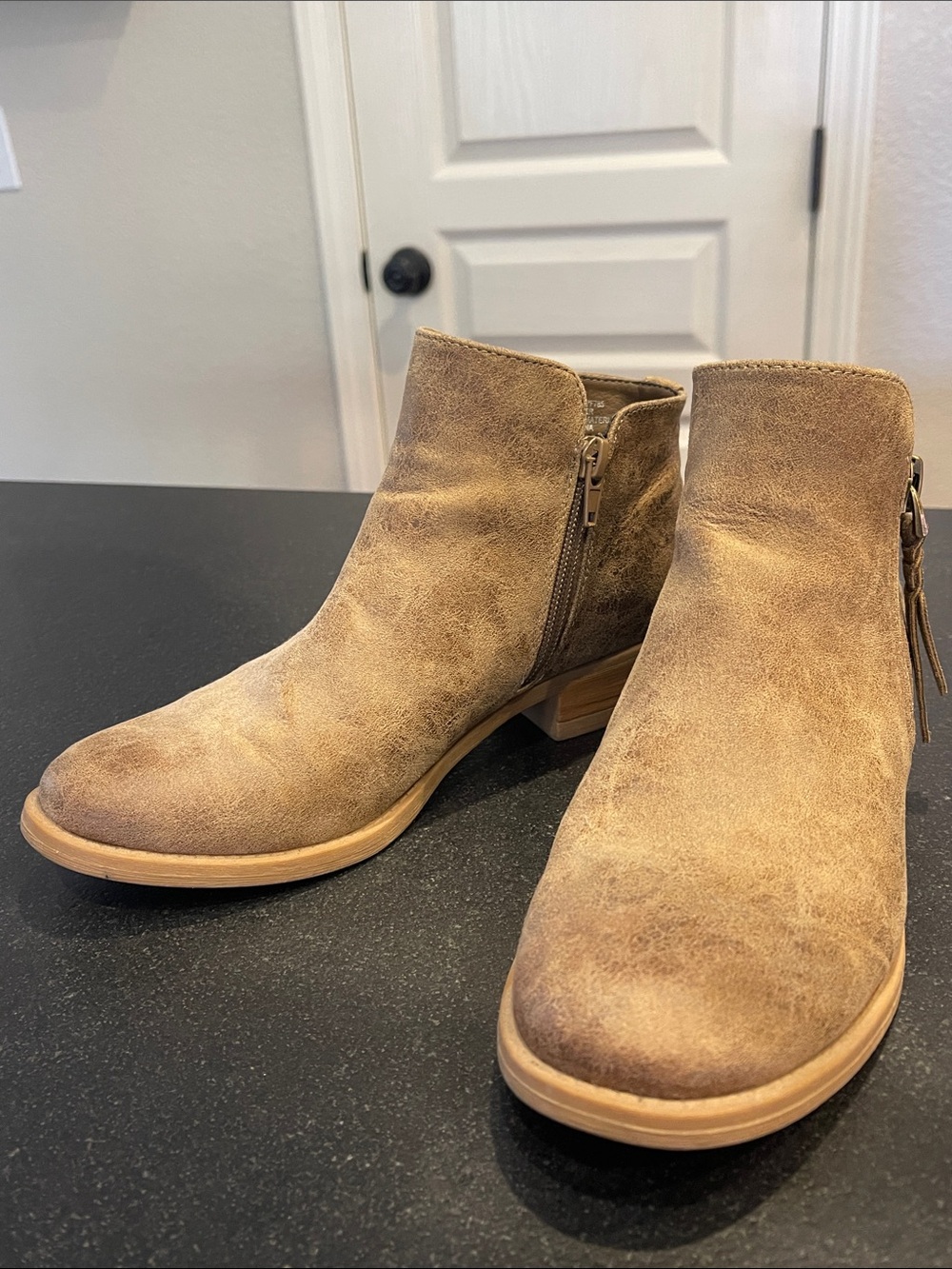 Women's Taupe Distressed Suede Ankle Booties with Side Zip